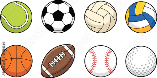 Set of various sports balls including basketball football soccer tennis volleyball baseball rugby golf and bowling icons collection 
