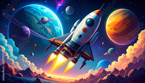 Rocket Launch with Space Exploration, and Planets.