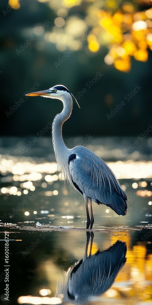 Naklejka premium A large bird with a long neck is standing in a body of water. The bird is surrounded by ripples in the water, and the reflection of the bird can be seen in the water