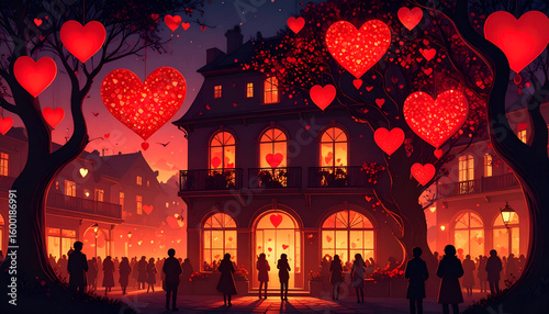 Romantic Night with Heart Lanterns, and City.