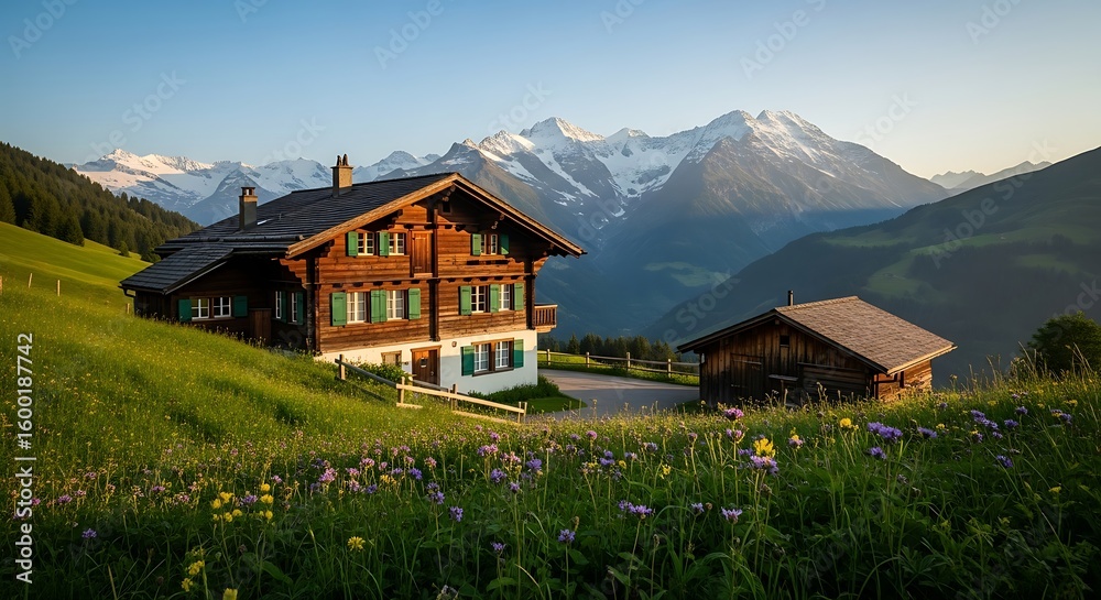 Fototapeta premium Wooden chalet nestled in a vibrant green meadow with snowy mountains in the background.