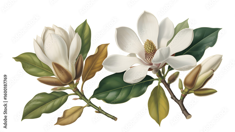 Obraz premium Elegant Magnolia Blossoms Botanical Illustration for Design Projects isolated on transparent background