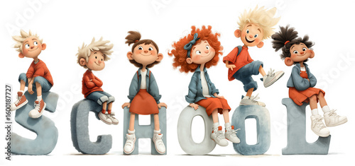 Group of playful kids sitting on letters forming the word school during a sunny day outdoors