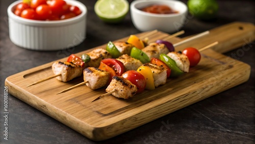A richly detailed, close-up photograph of juicy grilled chicken skewers paired with vibrant cherry tomatoes, bell peppers, and onions. The rustic wooden cutting board and warm, soft lighting bring a h