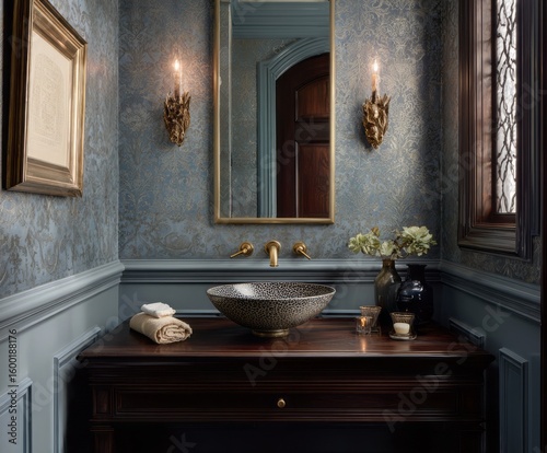A corner powder room with a dark wooden vanity and gray-blue wallpaper.