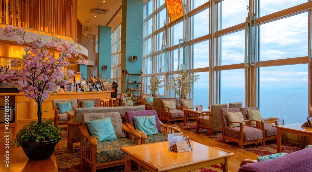 Fototapeta premium Spacious lounge area with panoramic ocean views.