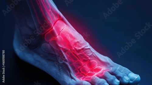 Close-up of a puffy and flushed toe affected by gout, highlighting severe inflammation and redness, medical illustration of joint pain