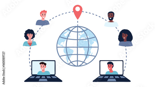 Global network connecting people via laptops and a central location on a globe, showing connectivity