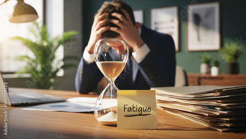 Stressed businessman with head in hands at office desk, hourglass and fatigue note symbolizing work burnout, professional stress management mental health self-care in challenging corporate environment