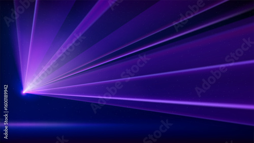 Laser light show. Bright led laser beams, dj light party. Illuminated blue pink stage, led strobe lights. Background, backdrop for displaying products. Vector illustration