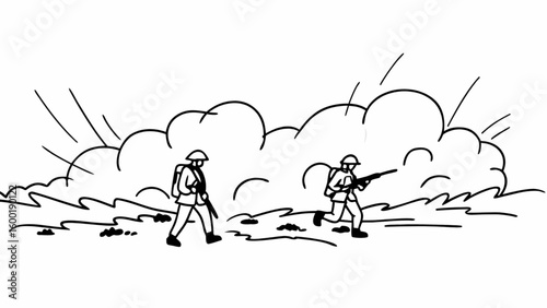 World war soldiers in battle line art illustration drawing vector image for historical war scene design