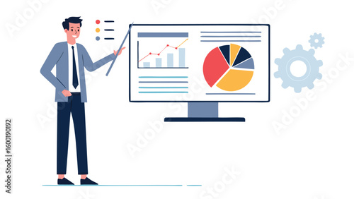 Man presenting data on a screen with charts graphs and gears in a business presentation setting clearly shown
