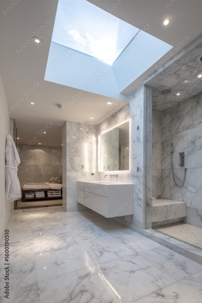Fototapeta premium Modern bathroom with skylight and marble flooring.
