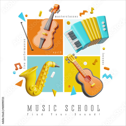 Bright 3D poster with musical instruments, violin, guitar, accordion, saxophone. Music school.