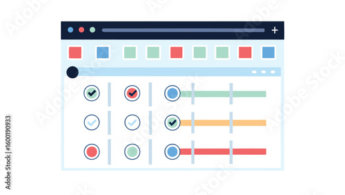 Illustration of a browser window with a task management interface and progress indicators shown