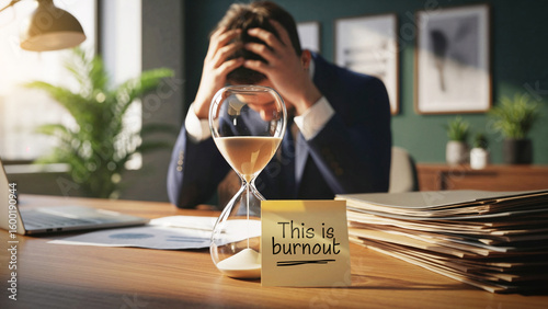 Frustrated businessman overwhelmed at desk with head in hands and hourglass, the phrase 'This is burnout' written on sticky note, workplace stress management and mental health awareness concept