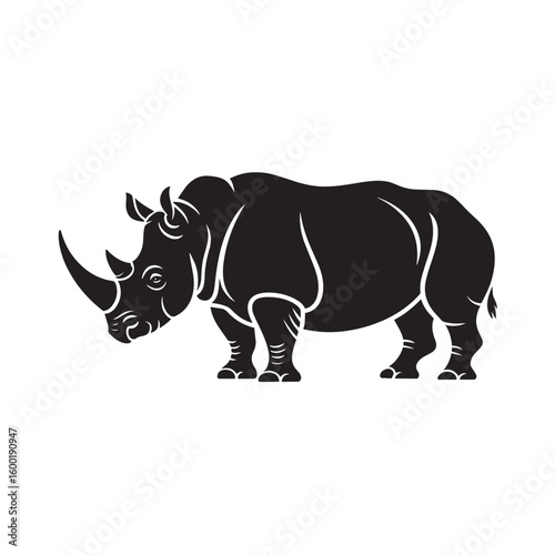 Powerful Black Rhinoceros Silhouette with Horn - African Wildlife Vector Illustration for Safari, Nature, and Conservation Designs

