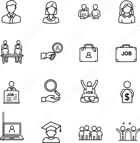 This set of line icons depicts various aspects of job searching and recruitment.