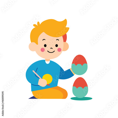 Cartoon Of A Child Painting Eggs With Bright Colors
