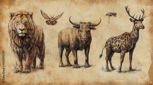 Vintage animals in illustrated style, classic drawing, old-world elegance, natural subjects, aged texture, retro animal print, nostalgic imagery, antique tone, timeless art