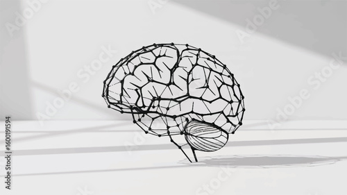 The human brain illustration: A detailed 3D illustration of the human brain, constructed with a complex network of interconnected lines and nodes, against a simple background.