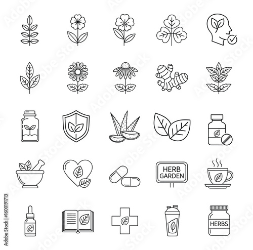 Herbal Medicine and Natural Remedies Line Art Icons - Organic Health, Wellness, and Botanical Treatment Graphics