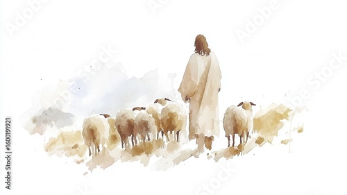 Compassionate shepherd jesus guiding pure metaphor sheep across sunlit golden meadow, representing divine care white pastoral spiritual and
