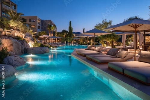 A tranquil resort pool at twilight  illuminated by subtle lighting.