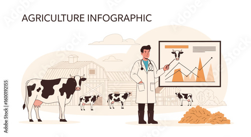 Veterinarian Analyzing Livestock Data On Farm Land Agriculture Illustration