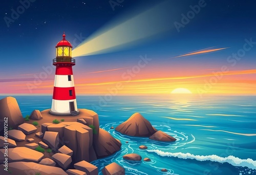 Whimsical cartoon lighthouse on rocky coast, bright beam,  backdrop,  colorful