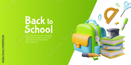 Back to school 3D plastic style vector banner design, cartoon education school supplies, backpack and books stack