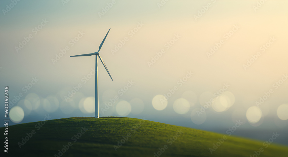 Obraz premium Sustainable Energy: Wind Turbine on a Hilltop at Sunrise/Sunset