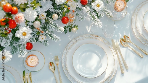 ornaments, christmas table setting featuring white plates with golden rims, golden cutlery, snowy branches, white flowers, orange Elegant and candles, creating a festive atmosphere