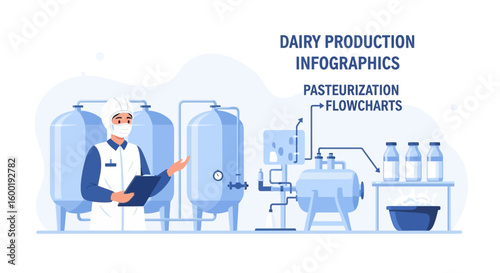 Dairy Production Infographics Showcasing Pasteurization Flowcharts and Industrial Processes