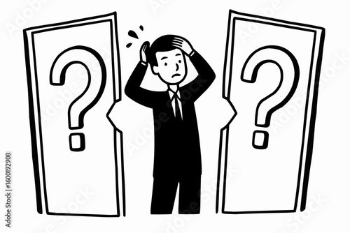 Confused man stands between two doors with question marks in black and white illustration style art