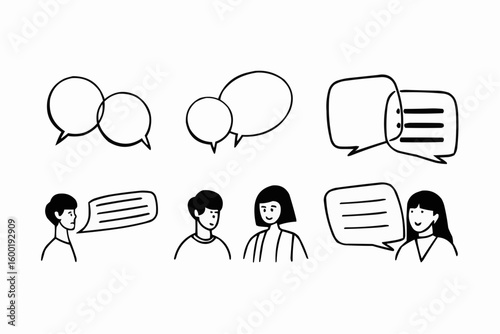 Illustration of people with speech bubbles representing communication and conversation on a white background