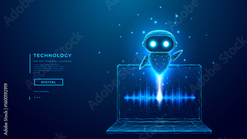 AI Voice Bot with Sound Wave on Laptop Screen. Digital Assistant Concept. Glowing Chatbot and Voice Wave Via Laptop. Virtual Assistant, artificial intelligence, smart technology. Vector Illustration