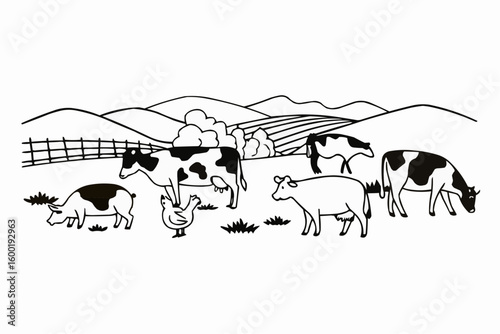 Black and white farm scene featuring cows pig and chicken in a rural landscape illustration style