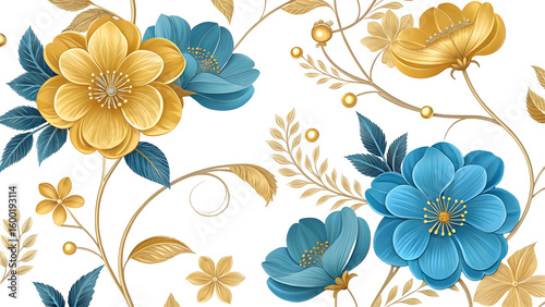Golden and blue flowers with leaves on black background intricate floral pattern image