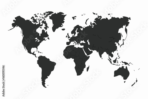 World map illustration showing continents in black against a white background layout design style