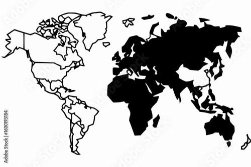 World map outline with europe asia and africa filled in black on a white background view from above