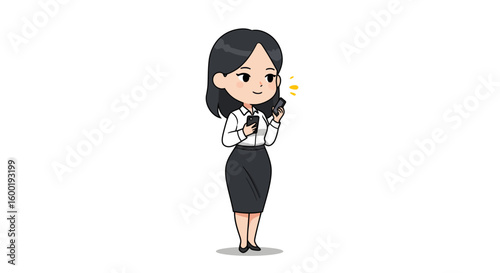A smiling cartoon businesswoman in a white shirt and black skirt stands while using her smartphone.