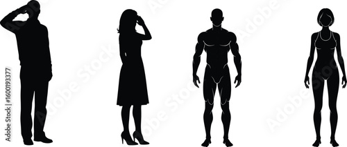 Silhouettes of diverse people standing confidently in varied outfits and postures, unity and individuality concept, cad drawing flat vector illustration