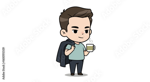 A stylized cartoon depicts a young man holding a coffee cup and carrying a jacket over his shoulder, appearing relaxed and content.
