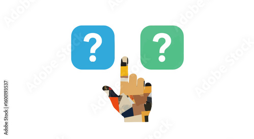 Mosaic art hand with finger extended points to colorful question mark icons floating on a transparent background, creating a concept of choices and decisions for website or graphic design projects.