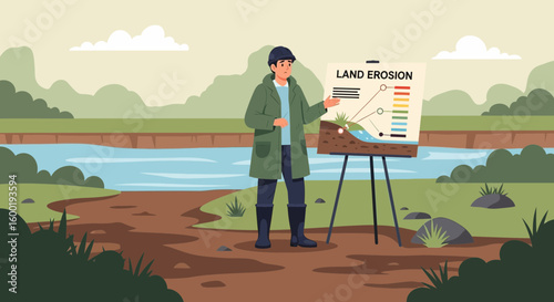 Expert Explaining Land Erosion With a Presentation Board on a Riverbank