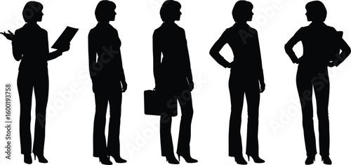 Silhouettes of businesswomen in confident standing poses with folders and briefcases, corporate posture concept, cad drawing flat vector illustration