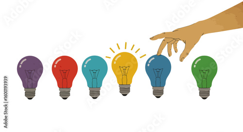 Hand selecting a light bulb among an array of different colored bulbs on a black backdrop, illustrating choice and brainstorming for creative business concepts and problem-solving.