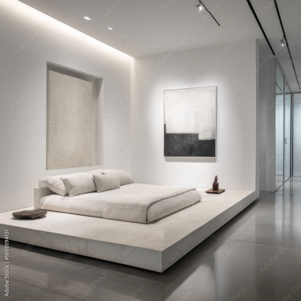 Fototapeta premium Modern bedroom with a raised concrete platform bed.
