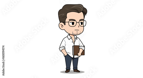 A cute cartoon illustration of a serious young man with glasses holding a book under his arm.